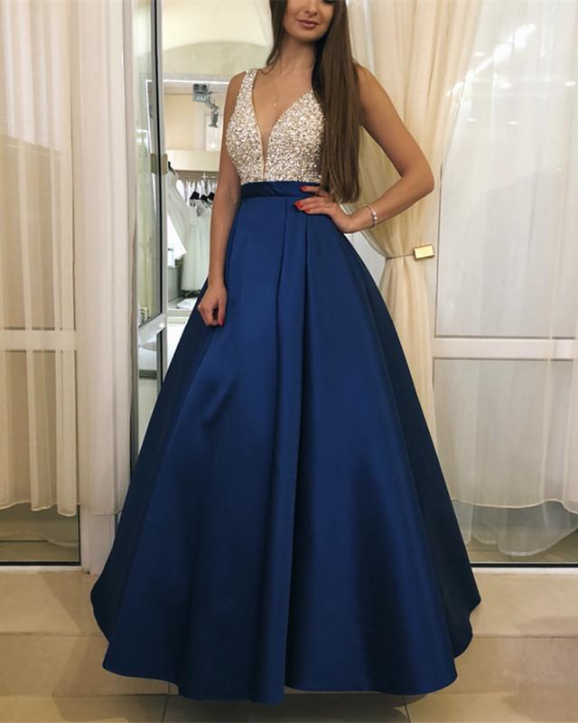 Plunge Neck Floor Length Satin Prom Evening Dress Sequin Beaded