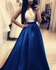 Plunge Neck Floor Length Satin Prom Evening Dress Sequin Beaded