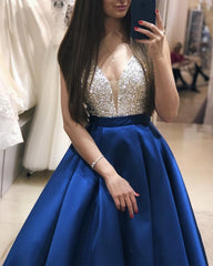 Plunge Neck Floor Length Satin Prom Evening Dress Sequin Beaded