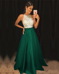 Sparkly Sequins Beaded Halter Long Satin Prom Dresses