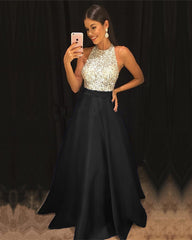 Sparkly Sequins Beaded Halter Long Satin Prom Dresses