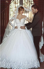 Vintage Lace Long Sleeves Tulle Ball Gowns Wedding Dresses
