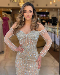 Long Sleeve Gold Beading Off The Shoulder Prom Dress