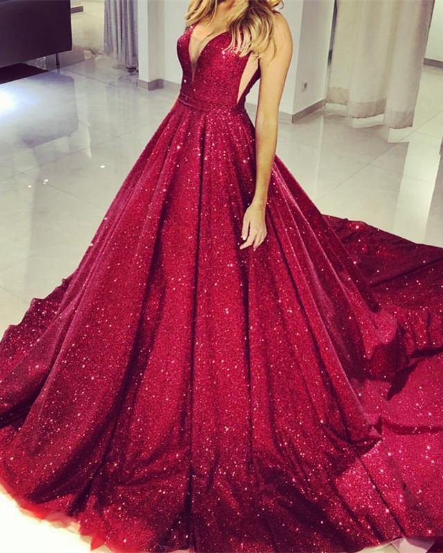 Plunge V-neck Ball Gowns Sequin Prom Dresses