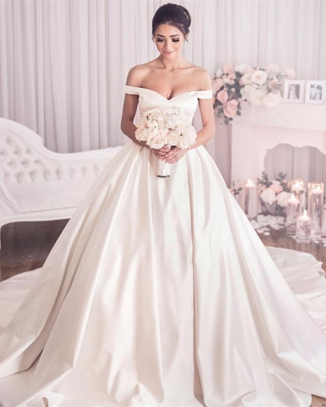 Classic Off Shoulder Satin Wedding Dresses Ball Gowns
