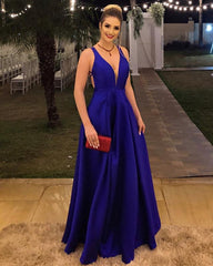 Sexy Plunge Neck Long Satin Cross Back Evening Dresses