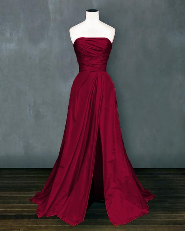 Ruched Top Long Satin Slit Prom Evening Dresses