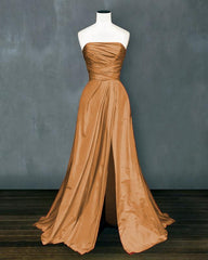 Ruched Top Long Satin Slit Prom Evening Dresses