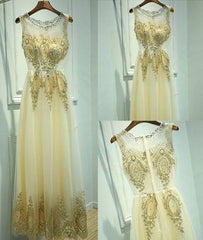 Unique round neck lace tulle long prom dress, evening dress - RongMoon