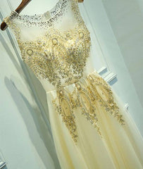 Unique round neck lace tulle long prom dress, evening dress - RongMoon