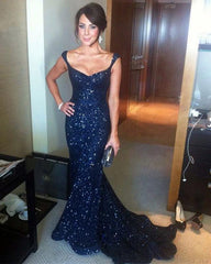 Glitter Sequin V-neck Mermaid Evening Gowns Court Train Prom Dress