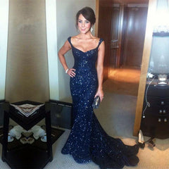 Glitter Sequin V-neck Mermaid Evening Gowns Court Train Prom Dress