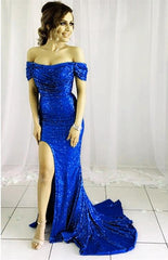 Sexy Off The Shoulder Long Sequins Royal Blue Mermaid Prom Dresses With Split
