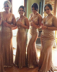 Long Rose Gold V-neck Empire Waist Mermaid Sequined Bridesmaid Dresses