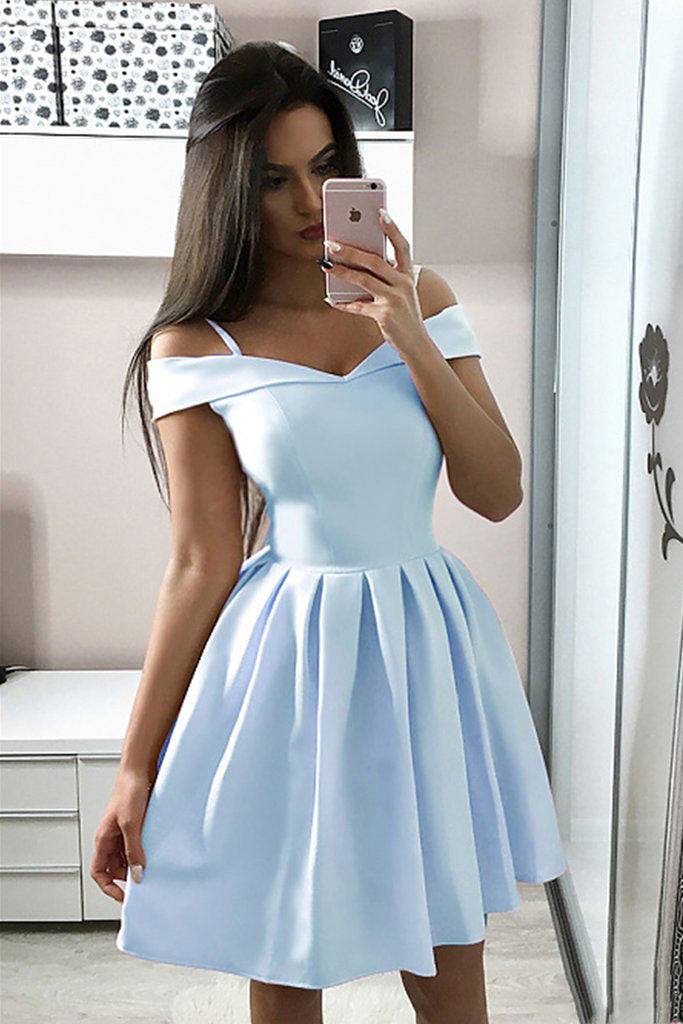 Blue off shoulder satin short prom dress blue cocktail dress - RongMoon