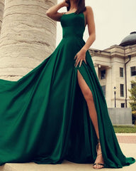 Long Satin Leg Split Open Back Prom Dresses