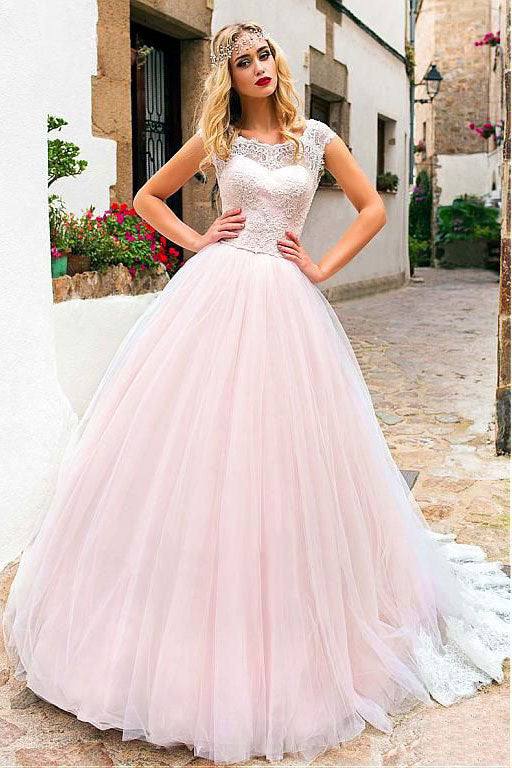 Pink round neck tulle lace long prom dress pink evening dress - RongMoon