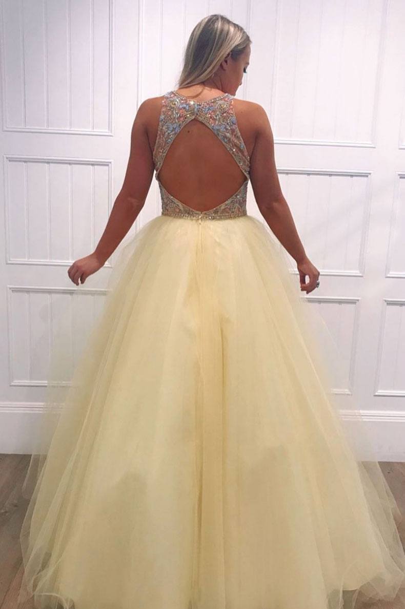 Yellow tulle v neck beads long prom dress yellow evening dress - RongMoon