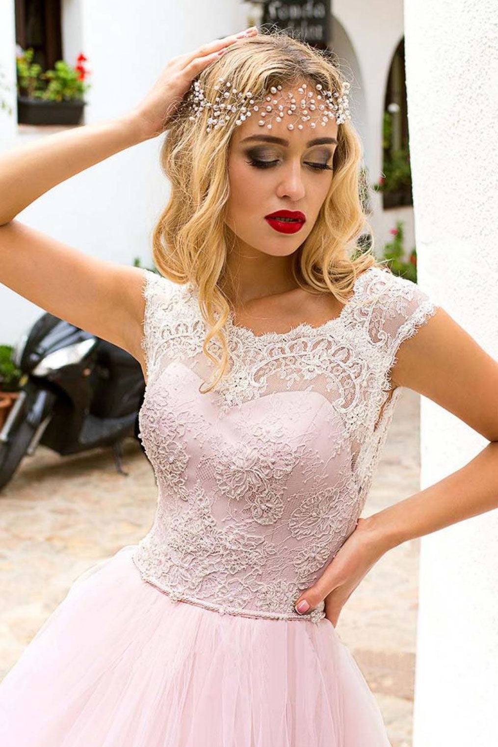 Pink round neck tulle lace long prom dress pink evening dress - RongMoon