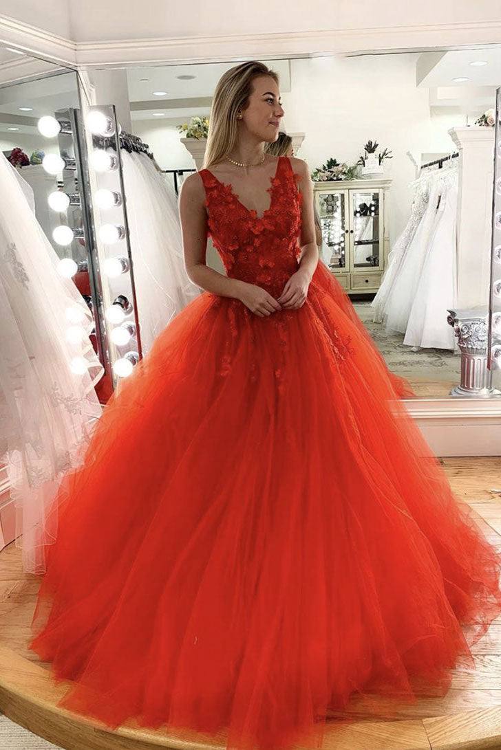 Orange v neck tulle lace long prom dress tulle sweet 16 dress - RongMoon