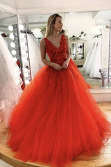 Orange v neck tulle lace long prom dress tulle sweet 16 dress - RongMoon