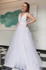 Simple v neck white tulle long prom dress white long evening dress - RongMoon
