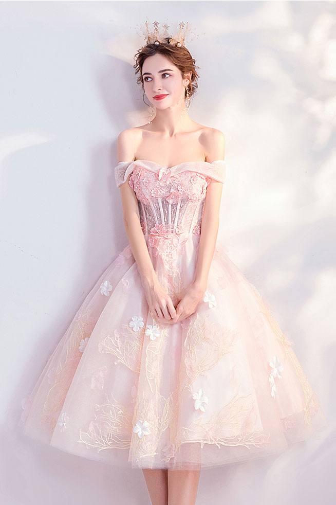 Pink sweetheart tulle lace short prom dress pink cocktail dress - RongMoon