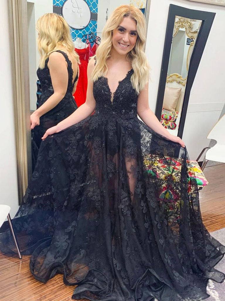 Black v neck tulle lace long prom dress, black tulle lace evening dress - RongMoon