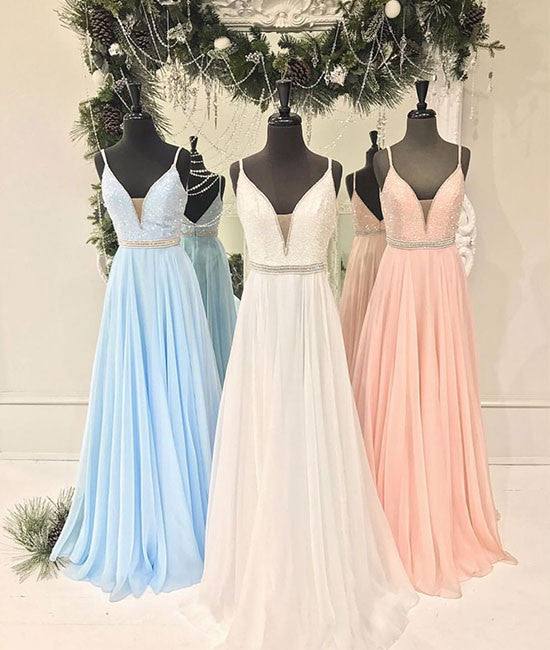 v neck chiffon sequin long prom dress, cute formal dress - RongMoon