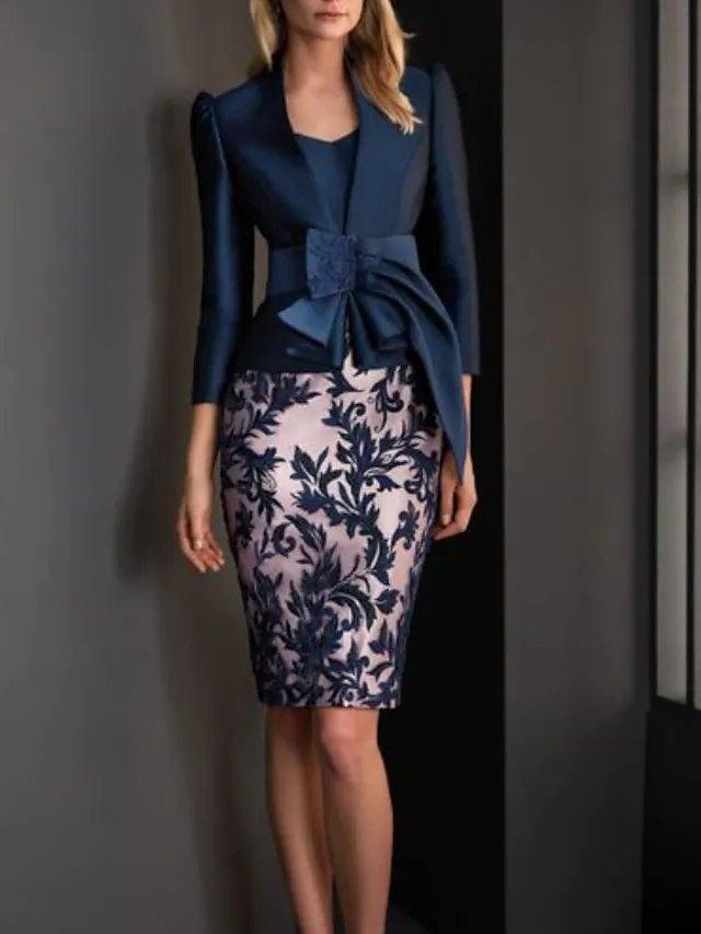 Two Piece Sheath / Column Mother of the Bride Dress Elegant V Neck Knee Length Satin 3/4 Length Sleeve with Sash / Ribbon Appliques - RongMoon