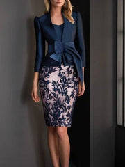 Two Piece Sheath / Column Mother of the Bride Dress Elegant V Neck Knee Length Satin 3/4 Length Sleeve with Sash / Ribbon Appliques - RongMoon