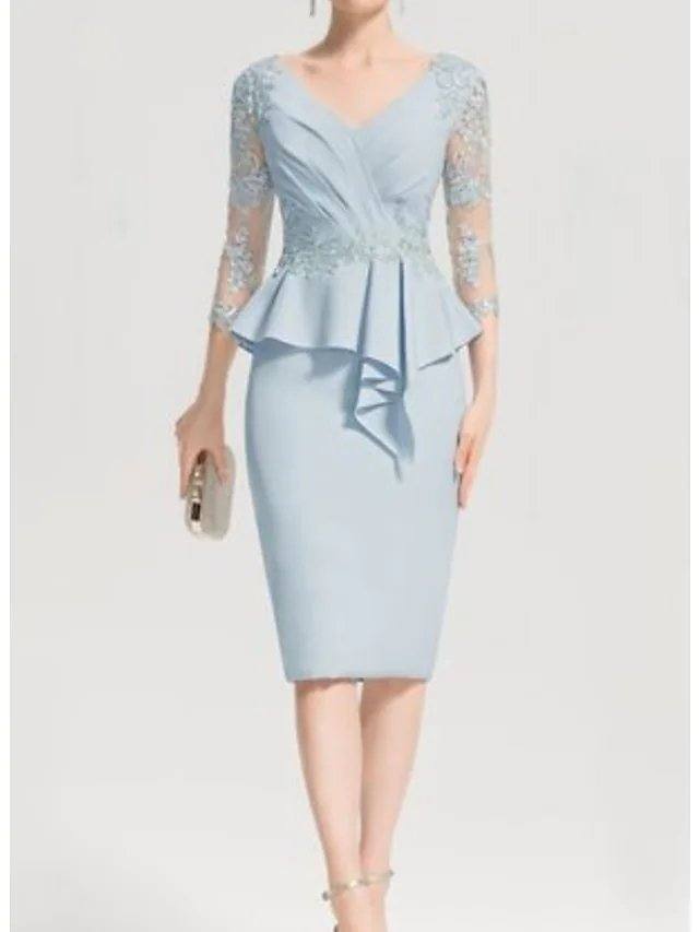 Sheath / Column Mother of the Bride Dress Elegant V Neck Knee Length Chiffon Lace 3/4 Length Sleeve with Appliques Ruching - RongMoon