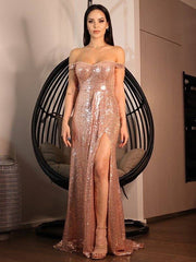 A-Line/Princess Sequins Ruffles Off-the-Shoulder Sleeveless Sweep/Brush Train Dresses - RongMoon
