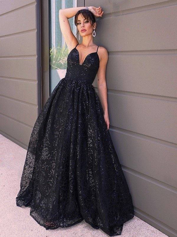 A-Line/Princess V-neck Sequins Sleeveless Sequin Sweep/Brush Train Dresses - RongMoon