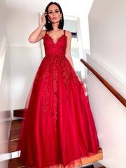 A-Line/Princess Tulle V-neck Floor-Length Applique Sleeveless Dresses - RongMoon