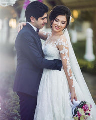 Long Train See Through Back Bride Lace Long Sleeve Ball Gown Wedding Dress