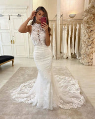 Lace Halter Appliques Sleeveless Bridal Mermaid Wedding Dress