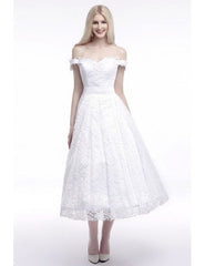 Lace Tea Length A Line Off The Shoulder Wedding Dress With Belt