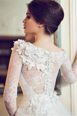 Appliques Tulle A-line 3D Flower Floral Long Sleeves Wedding Dress
