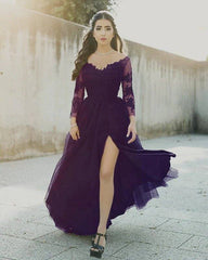 Tulle Formal Dresses Leg Slit Appliques Sleeves - RongMoon