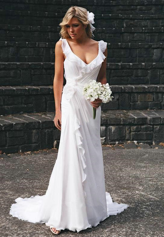Summer Beach Ruffles Backless Chiffon Sleeveless Wedding Dress