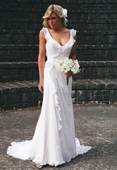 Summer Beach Ruffles Backless Chiffon Sleeveless Wedding Dress