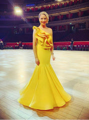 Ruffles Yellow Mermaid Satin One Shoulder Prom Dress