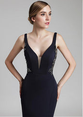 Crystal V-neck Neckline Mermaid Evening Dress With Beadings & Slit