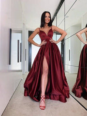 A-Line/Princess Ruffles V-neck Satin Sweep/Brush Train Sleeveless Dresses - RongMoon