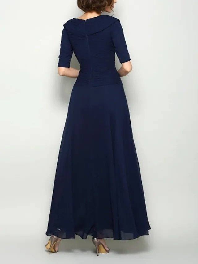 A-Line Mother of the Bride Dress Elegant V Neck Ankle Length Chiffon Short Sleeve with Pleats Ruching - RongMoon