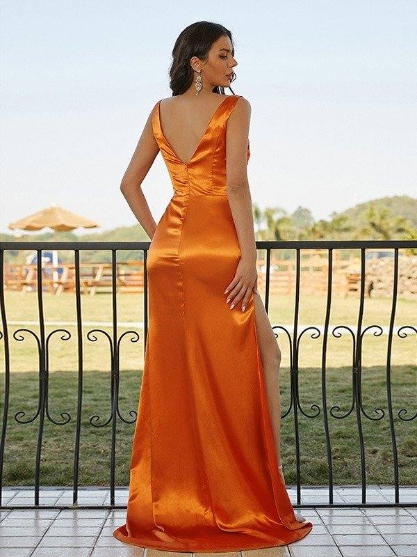 Sheath/Column Silk like Satin Ruched Straps Sleeveless Sweep/Brush Train Dresses - RongMoon