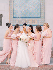 Simple One Shoulder Side Slit Chiffon Long Bridesmaid Dresses.DB10765