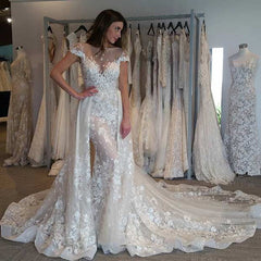 Cap Sleeves Detachable Overskirt Lace Appliques Illusion Wedding Dress