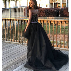 Sweetheart Hi Lo Crystal Black Beading Tulle Ball Gown Prom Dress